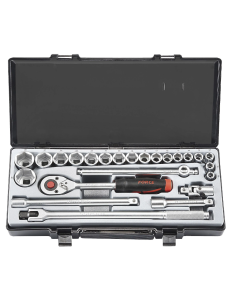 JUEGO DADOS []1/2", POLIGONAL, 18 DADOS DE 10-32 MM, CHICHARRA, BARROTE FUERZA 2 EXTENSION 5"-10", B.CORREDIZO, CARDAN